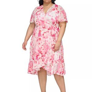 Calvin Klein Faux Wrap Dress Womens 18W  Pink  Midi Flutter Fairy Cottagecore